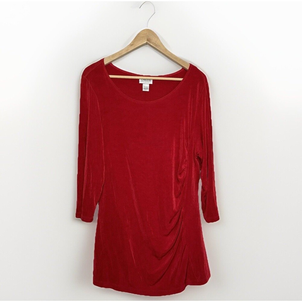 Chicos Travelers Top Brick Red Slinky Knit Tunic Ruched Travel Women 3 or XL